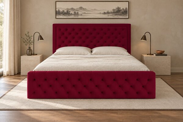 Pat tapițat Chesterfield din catifea Ophelia Deluxe 120×200 cm, vișiniu, cu ladă de depozitare