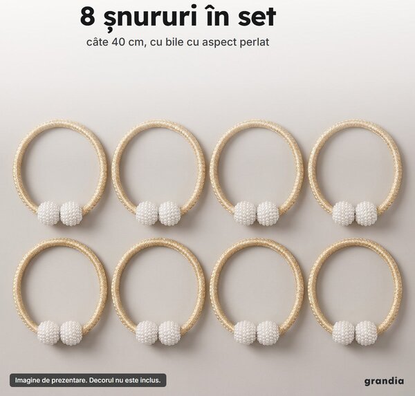 Set 8 șnururi magnetice pentru draperii, cu bile perlate, 40 cm, auriu