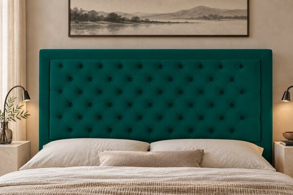 Pat tapițat Chesterfield din catifea Ophelia Deluxe 120×200 cm, verde, cu ladă de depozitare