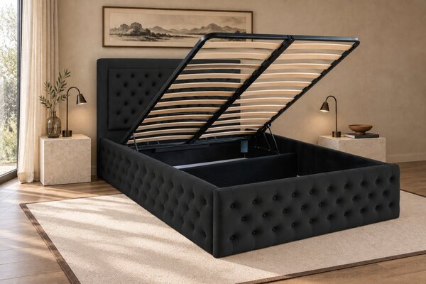Pat tapițat Chesterfield din catifea Ophelia Deluxe 120×200 cm, negru, cu ladă de depozitare