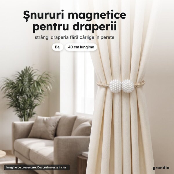 Set 8 șnururi magnetice pentru draperii, cu bile perlate, 40 cm, bej
