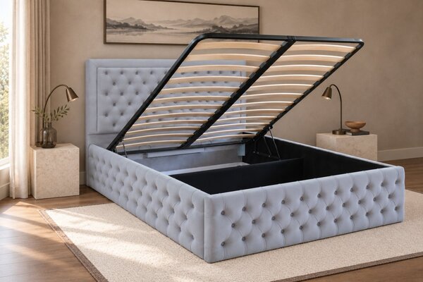 Pat tapițat Chesterfield din catifea Ophelia Deluxe 120×200 cm, gri deschis, cu ladă de depozitare
