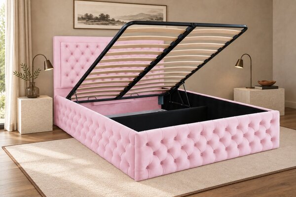 Pat tapițat Chesterfield din catifea Ophelia Deluxe 120×200 cm, roz, cu ladă de depozitare