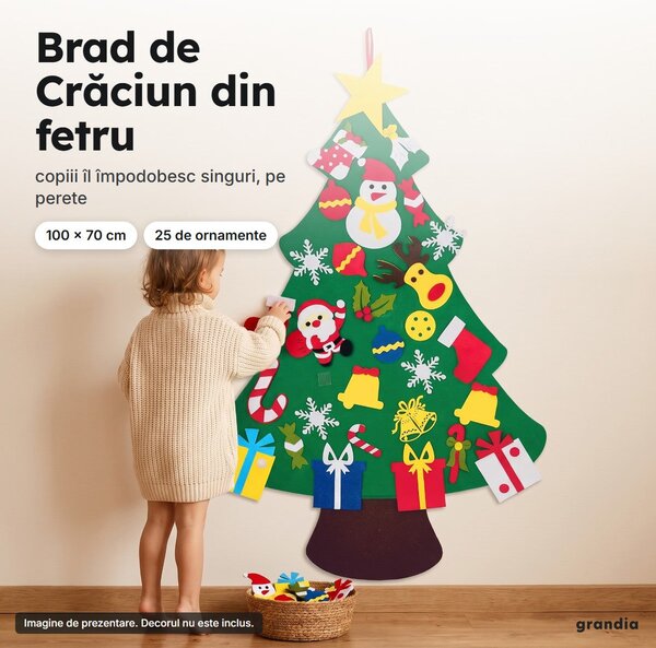 Brad de Crăciun din fetru pentru copii, cu 25 de ornamente detașabile, 100 × 70 cm