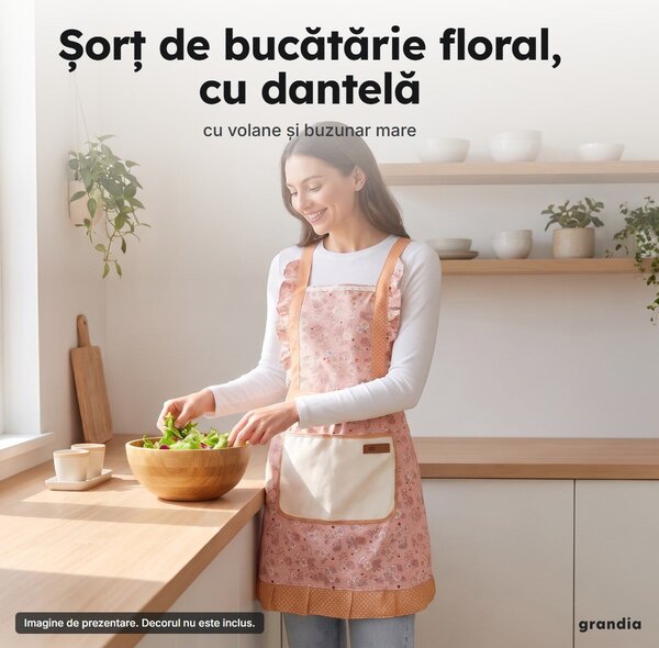 Șorț de bucătărie floral cu dantelă, volane și buzunar mare, roz