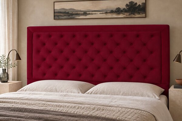 Pat tapițat Chesterfield din catifea Ophelia Deluxe 120×200 cm, vișiniu, cu ladă de depozitare