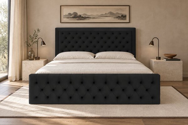 Pat tapițat Chesterfield din catifea Ophelia Deluxe 120×200 cm, negru, cu ladă de depozitare