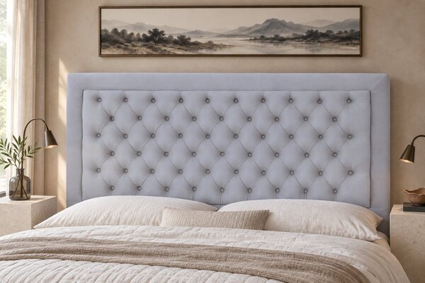 Pat tapițat Chesterfield din catifea Ophelia Deluxe 120×200 cm, gri deschis, cu ladă de depozitare
