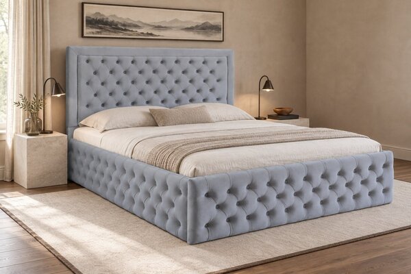 Pat tapițat Chesterfield din catifea Ophelia Deluxe 120×200 cm, gri deschis, cu ladă de depozitare
