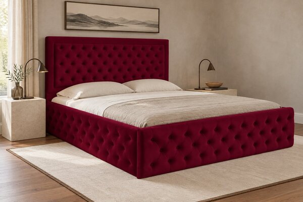 Pat tapițat Chesterfield din catifea Ophelia Deluxe 120×200 cm, vișiniu, cu ladă de depozitare
