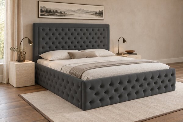 Pat tapițat Chesterfield din catifea Ophelia Deluxe 120×200 cm, gri închis, cu ladă de depozitare