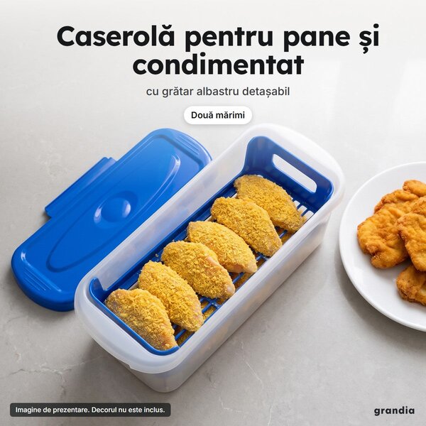 Caserolă pentru pane și condimentat, cu grătar detașabil și capac cu clipsuri, albastră