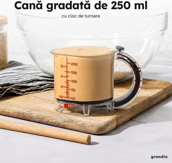 Cană gradată ajustabilă de 250 ml, transparentă, cu cioc de turnare și mâner negru