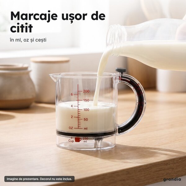 Cană gradată ajustabilă de 250 ml, transparentă, cu cioc de turnare și mâner negru