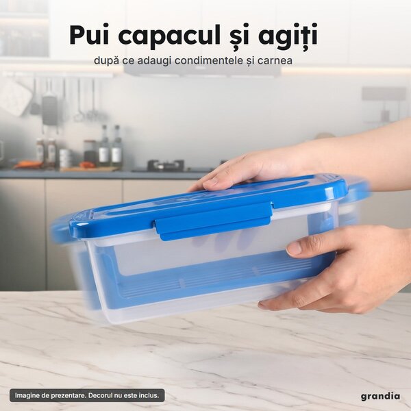 Caserolă pentru pane și condimentat, cu grătar detașabil și capac cu clipsuri, albastră