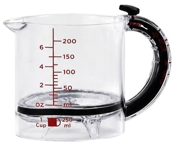 Cană gradată ajustabilă de 250 ml, transparentă, cu cioc de turnare și mâner negru