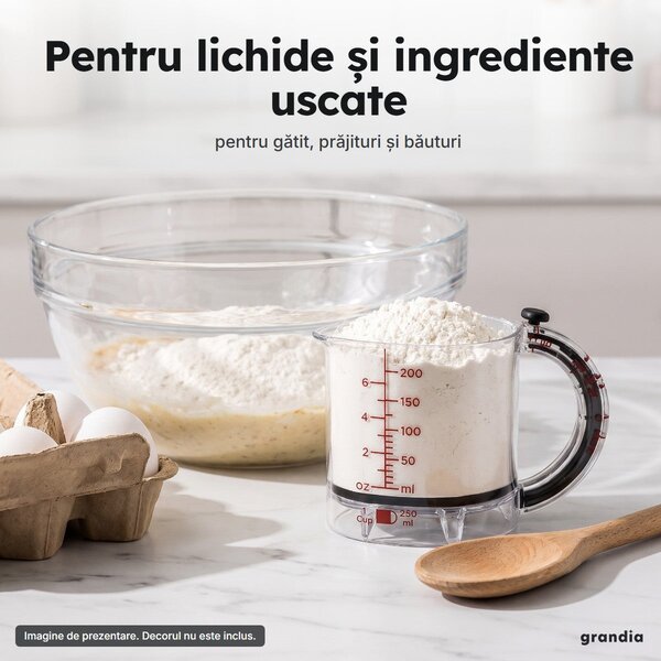 Cană gradată ajustabilă de 250 ml, transparentă, cu cioc de turnare și mâner negru