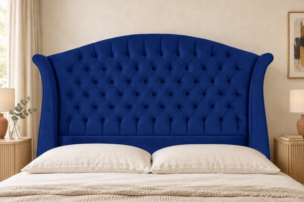 Pat tapițat Chesterfield din catifea Sorella Simple 140×200 cm, bleumarin, cu ladă de depozitare