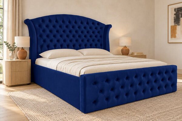 Pat tapițat Chesterfield din catifea Sorella Simple 140×200 cm, bleumarin, cu ladă de depozitare