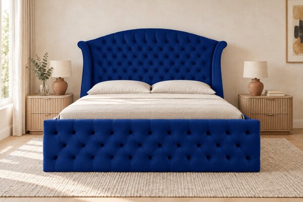 Pat tapițat Chesterfield din catifea Sorella Simple 140×200 cm, bleumarin, cu ladă de depozitare