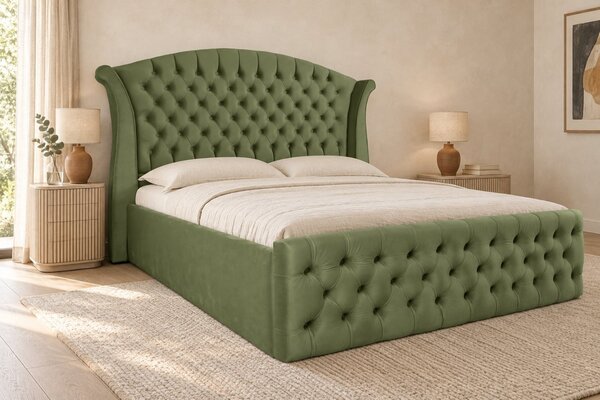 Pat tapițat Chesterfield din catifea Sorella Simple 140×200 cm, kaki, cu ladă de depozitare