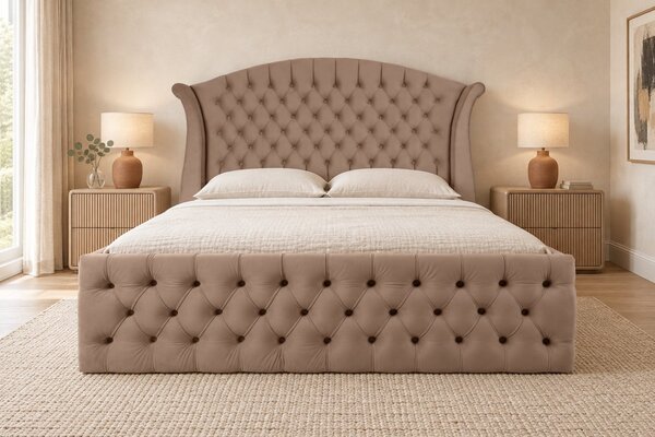 Pat tapițat Chesterfield din catifea Sorella Simple 140×200 cm, cappuccino, cu ladă de depozitare