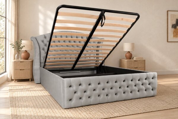 Pat tapițat Chesterfield din catifea Sorella Simple 140×200 cm, gri deschis, cu ladă de depozitare