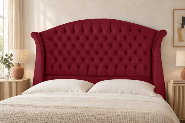 Pat tapițat Chesterfield din catifea Sorella Simple 140×200 cm, vișiniu, cu ladă de depozitare