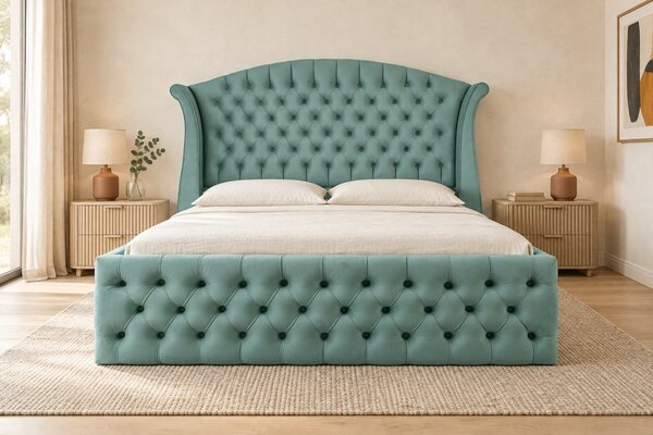 Pat tapițat Chesterfield din catifea Sorella Simple 140×200 cm, verde marin, cu ladă de depozitare