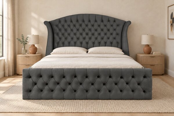 Pat tapițat Chesterfield din catifea Sorella Simple 140×200 cm, gri închis, cu ladă de depozitare