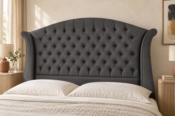 Pat tapițat Chesterfield din catifea Sorella Simple 140×200 cm, gri închis, cu ladă de depozitare