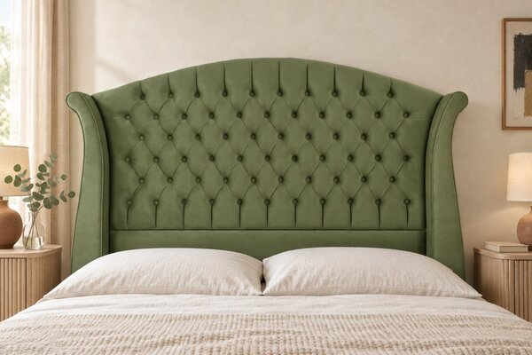 Pat tapițat Chesterfield din catifea Sorella Simple 140×200 cm, kaki, cu ladă de depozitare