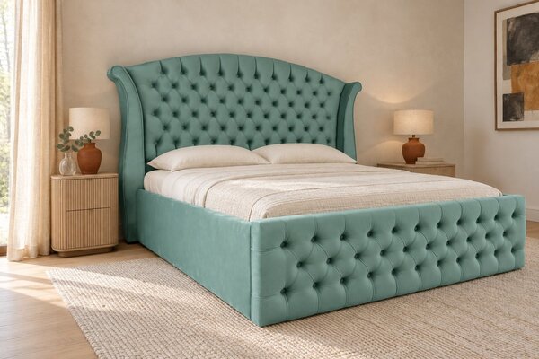 Pat tapițat Chesterfield din catifea Sorella Simple 140×200 cm, verde marin, cu ladă de depozitare