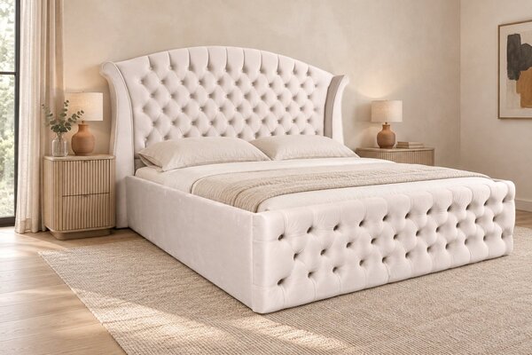 Pat tapițat Chesterfield din catifea Sorella Simple 140×200 cm, crem, cu ladă de depozitare
