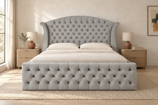 Pat tapițat Chesterfield din catifea Sorella Simple 140×200 cm, gri deschis, cu ladă de depozitare