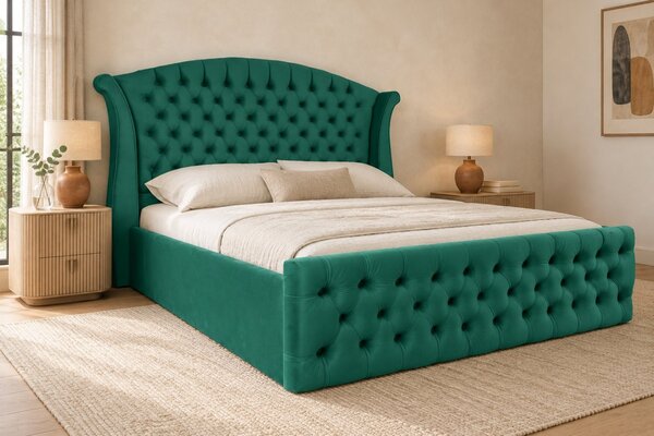 Pat tapițat Chesterfield din catifea Sorella Simple 140×200 cm, verde, cu ladă de depozitare