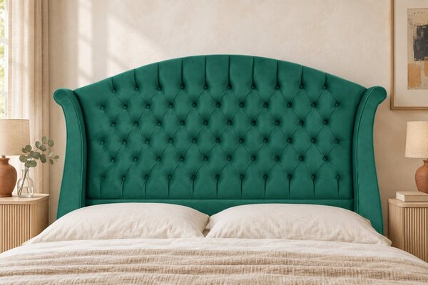 Pat tapițat Chesterfield din catifea Sorella Simple 140×200 cm, verde, cu ladă de depozitare