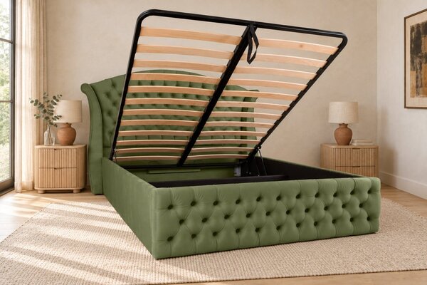 Pat tapițat Chesterfield din catifea Sorella Simple 140×200 cm, kaki, cu ladă de depozitare