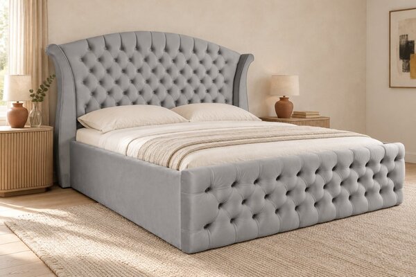 Pat tapițat Chesterfield din catifea Sorella Simple 140×200 cm, gri deschis, cu ladă de depozitare