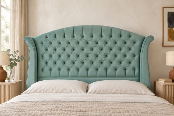 Pat tapițat Chesterfield din catifea Sorella Simple 140×200 cm, verde marin, cu ladă de depozitare