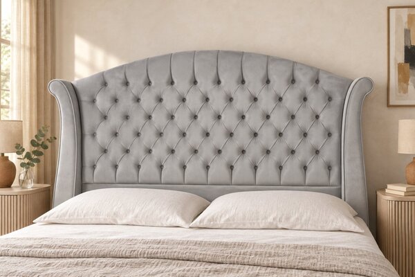 Pat tapițat Chesterfield din catifea Sorella Simple 140×200 cm, gri deschis, cu ladă de depozitare