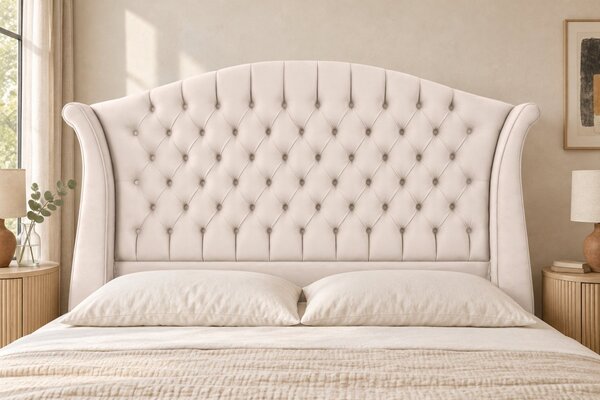 Pat tapițat Chesterfield din catifea Sorella Simple 140×200 cm, crem, cu ladă de depozitare
