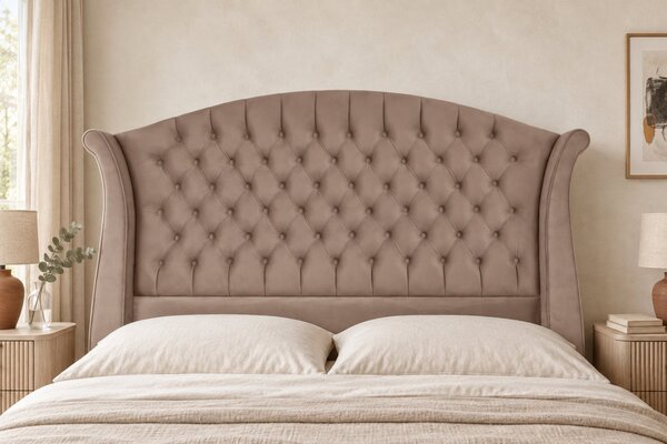 Pat tapițat Chesterfield din catifea Sorella Simple 140×200 cm, cappuccino, cu ladă de depozitare