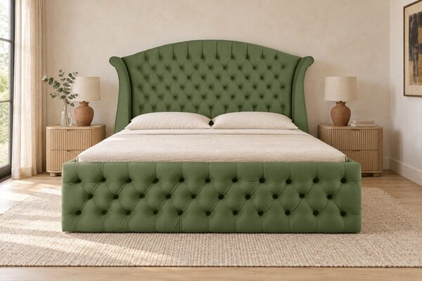 Pat tapițat Chesterfield din catifea Sorella Simple 140×200 cm, kaki, cu ladă de depozitare