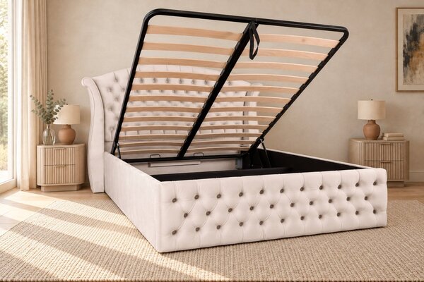 Pat tapițat Chesterfield din catifea Sorella Simple 140×200 cm, crem, cu ladă de depozitare