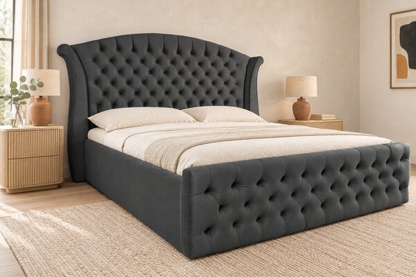 Pat tapițat Chesterfield din catifea Sorella Simple 140×200 cm, gri închis, cu ladă de depozitare