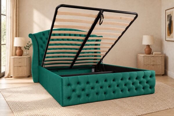 Pat tapițat Chesterfield din catifea Sorella Simple 140×200 cm, verde, cu ladă de depozitare