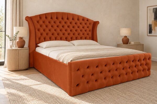 Pat tapițat Chesterfield din catifea Sorella Simple 140×200 cm, cărămiziu, cu ladă de depozitare