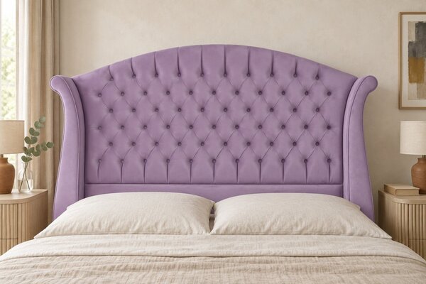 Pat tapițat Chesterfield din catifea Sorella Simple 140×200 cm, lila, cu ladă de depozitare