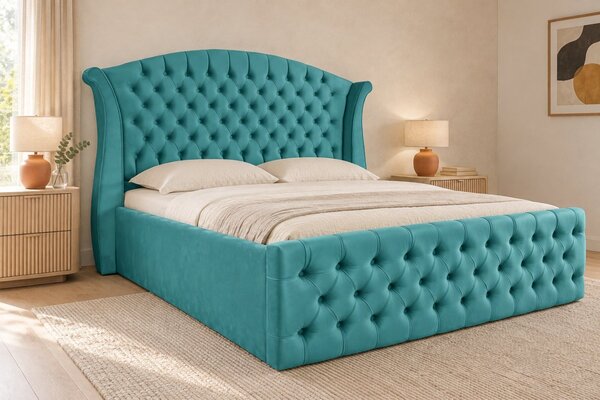 Pat tapițat Chesterfield din catifea Sorella Simple 140×200 cm, albastru deschis, cu ladă de depozitare